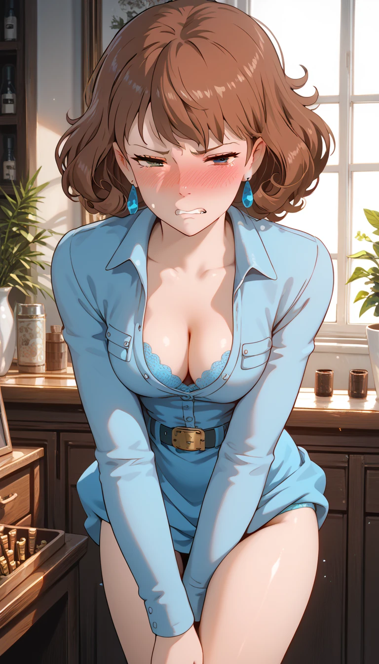 ((1girl, solo)), mature female, beautiful body, (perfect ???????, perfect body, perfect hands, perfect legs), nice hands, natural proportions, sexy body, ((large breasts)) BREAK 

((extremely detailed face)), brown eyes, (beautiful detailed eyes:1.6), (realistic pupils, realistic iris:1), expressive eyes, ((looking at viewer)), (clear eyes:1.3), (hyperrealistic:1.2), (detailed skin texture:1.2), smooth skin, brown hair, long hair, ponytail,  (detailed lips:1.2), (attractive lips:1.1), (glossy lips:1.1), smile, parted lips, perfect face, perfect eyes BREAK

pink shirt, collarbone, button gap, (coverd nipples:1.5), short sleeves, shirt tucked in, blue skirt, ((micro mini skirt)), ((thighs)), thigh gap, (reveling clothes:1.5) BREAK

(masterpiece:1.5), anime-style, top quality, best quality, (beautiful and aesthetic:1.2), (ultra detail:1.5), Ultra-detailed depiction, Ultra-precise depiction, extremely detailed 8k illustration, high resolution, (highly detailed shading:1.2), (realistic lighting:1.4), perfect lighting, vibrant colors, dynamic tones, striking hues, 8k, absurd resolution, perfect shadows, hdr, UHD, ambient lighting, realistic, ultra-realistic, photo realistic, highly detailed, rich detail, luminous colors, fine texture, intricate design, professional illustration, (soft light:1.2), (illustration:0.7)