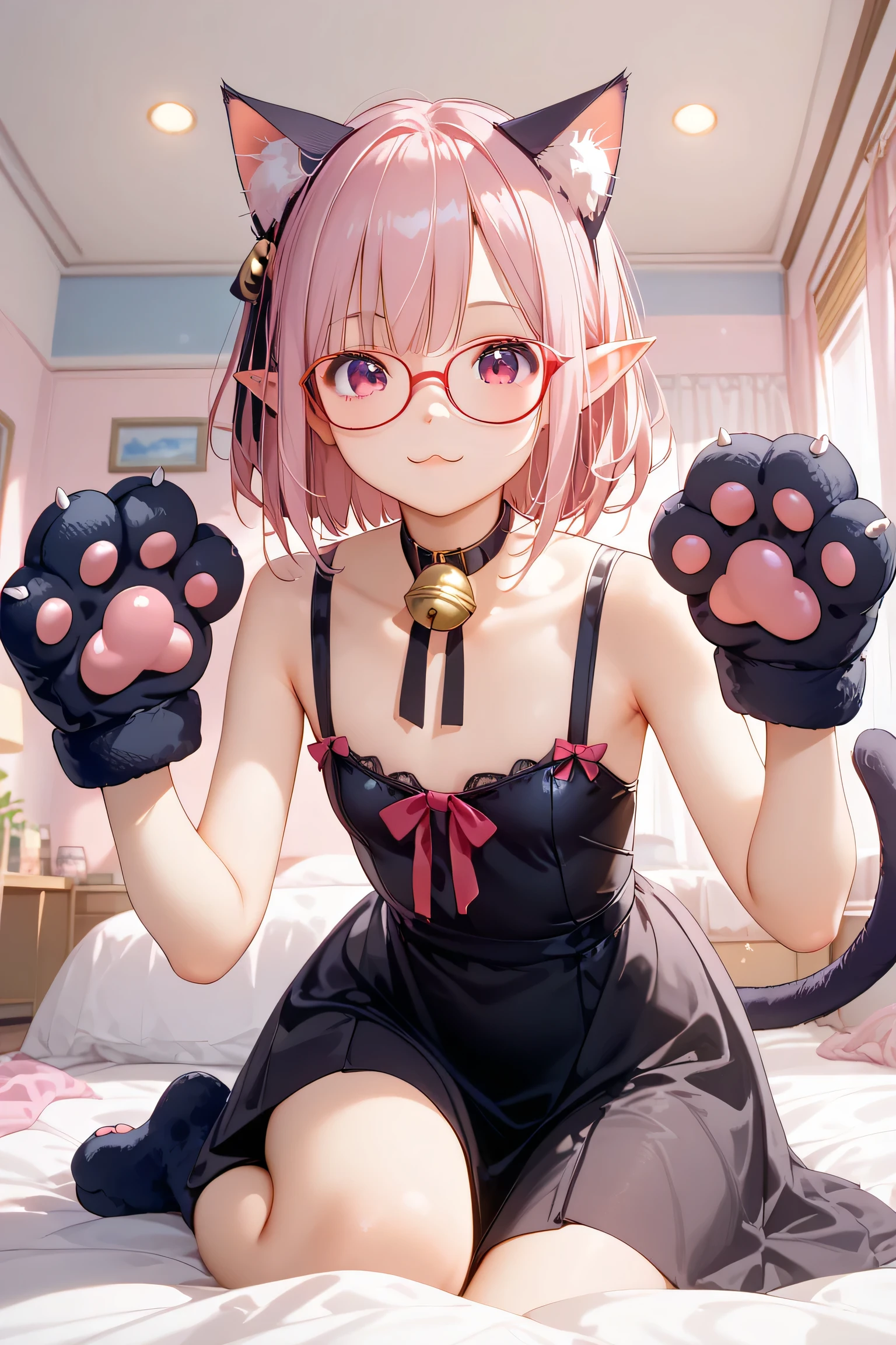 solo、One Womanの子、 elementary school students、((( 8age、Flat Chest 。5 lifespan、Slim body、Lori:1.4))) One Woman ,((( cute女の子)))、(( red glasses))、Young face、 cute、 short bob hair:1.2、 milky pink hair、 magenta eye 、Elf Ears:0.6、(((black bodycon dress、Cat ears、 cat tail、paw gloves 、A ribbon with a bell around the neck、 on the bed、 girl's room、Cat Pose、)))