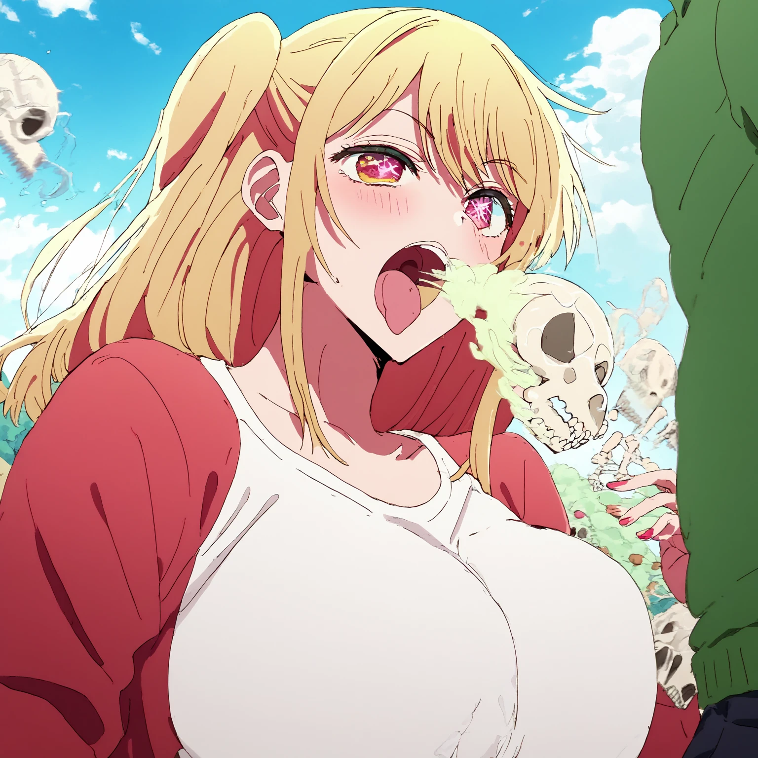 Ruby hoshino, burping, digesting, bones. Ruby hoshino lets out a massive green burp to show she is satisfied, 1 pred, 1 Girl, Ruby Hoshino's eyes are 6 pointed star pupils on both eye, High Details, burping up bones, ruby hoshino at the right mixing her boney burps, bones, skull, gas, green cloud, hot breathe