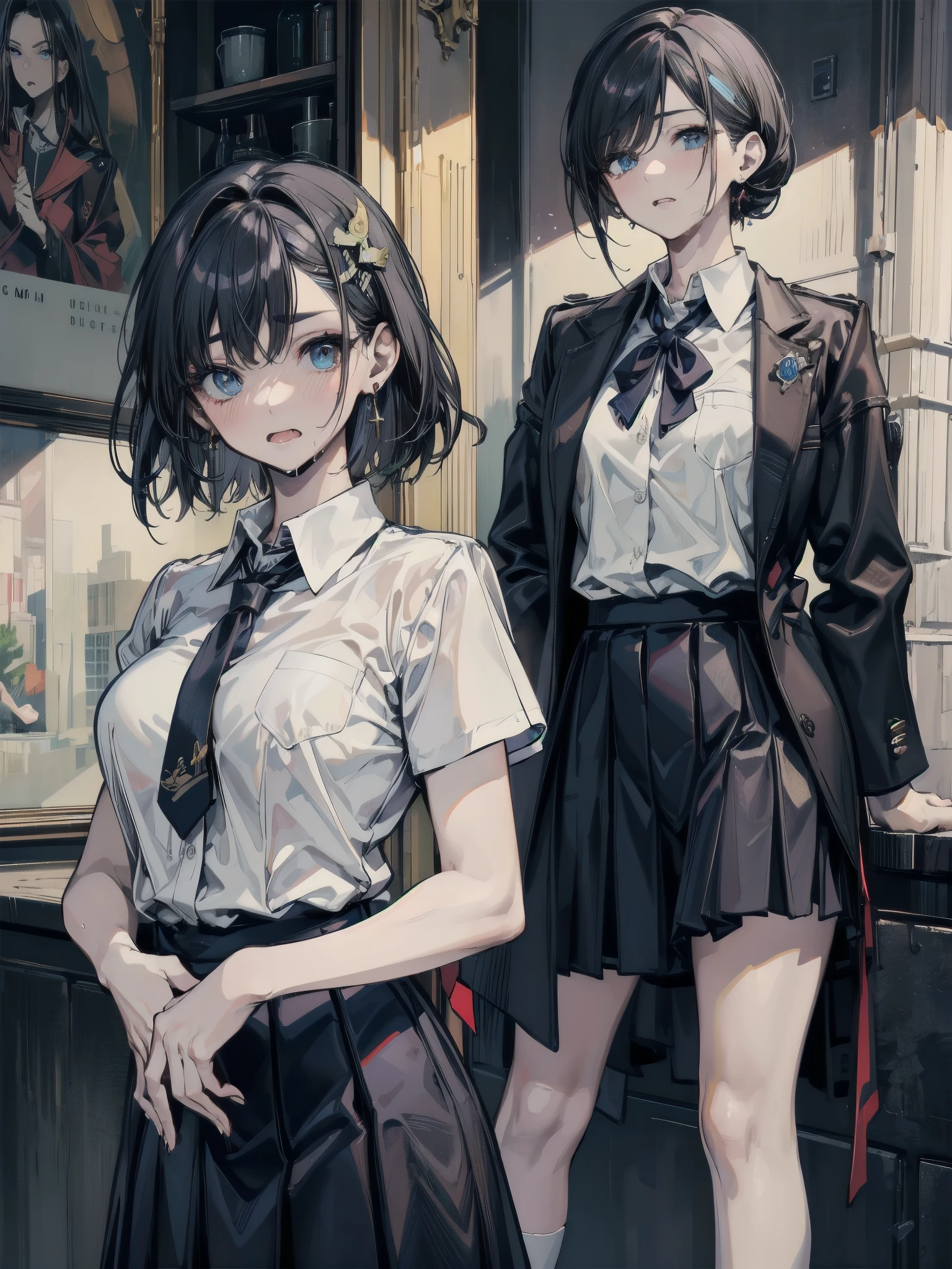 (Beautiful posture), 1Girl,slim, thin, ((black short skirt with pleats)),(((short double-breasted jacket))), (black very short jacket),(fitted clothing) ,a white blouse, (red tie short) , long bangs on face, (straight black hair to waist),gray eyes with a hint of purple, knee-deep portrait, sad, It's a nasty day, stands in the castle