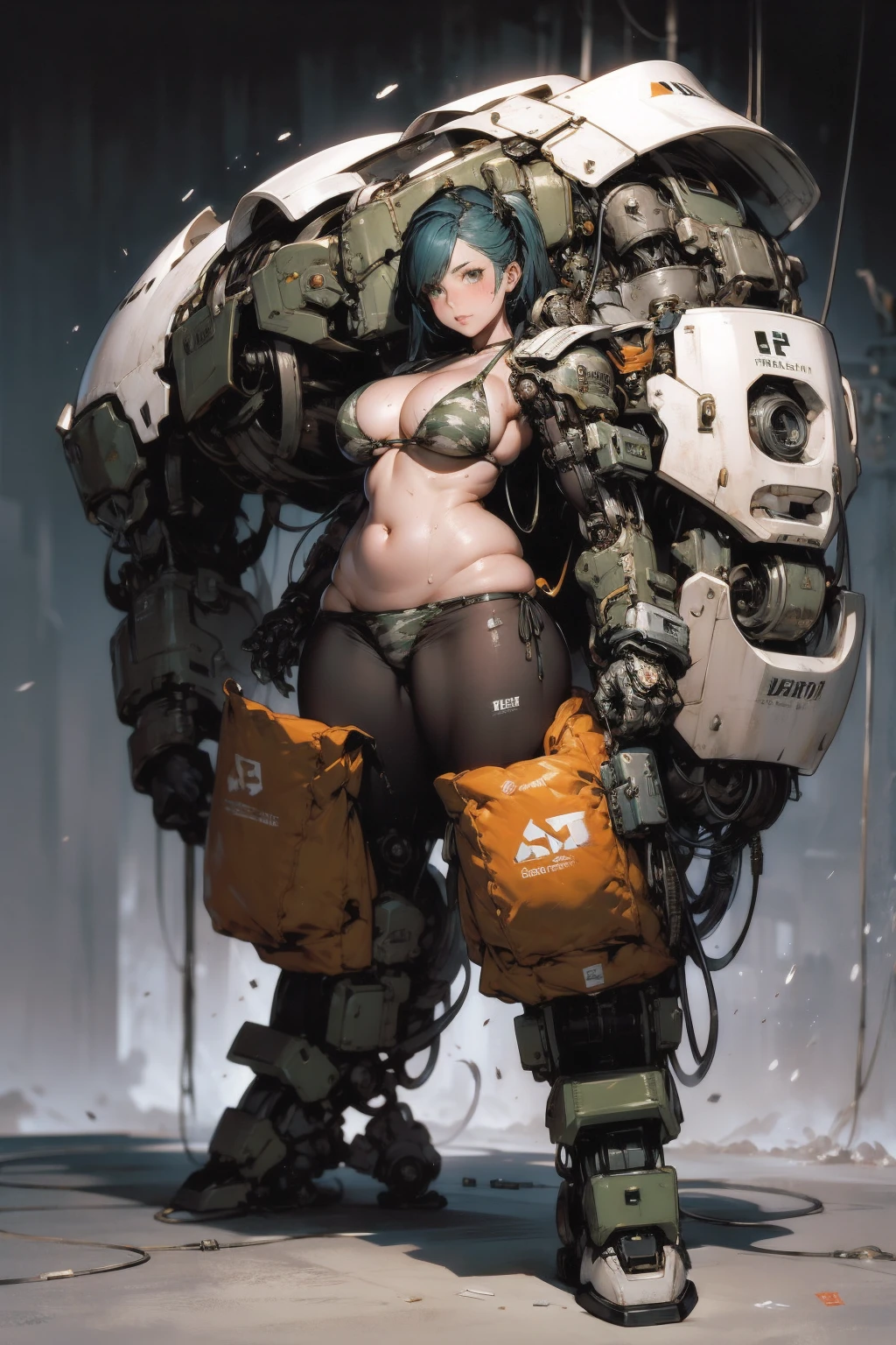  beautiful woman in a slingshot bikini with camo patterns, Camouflage Patternのメカニカルビキニ,  torn military uniform,  Mechanical Soldier Girl ,  large mechanical exoskeleton, camouflage pattern on the arms of large robotic gloves and legs of robotic boots, Shiro Masamune , Camouflage Patternのメカ装甲の女の子, Mechanized valkyrie girl,  kashart kentz ,  Cool Mecha Style , ビキニアーマーにCamouflage Pattern, ry Girl, Skin only,  Athletic and Toned Body, Sweaty skin,  wear almost no clothes, Camouflage Pattern,  beautiful Face, Dieselpunk Theme,  FIVERR DND CHARACTERS , Octane Render,   digital art ,  Extremely Detailed, 4K, , Polished,  beautiful,  hyper-detail,  complicated, Exquisite , Close up portrait of ,  Photorealistic,  Sharp Focus, Wow,  character design,  Unreal Engine ,  3d rendering ,   volumetric lighting ,  reflections ,  shiny, Combat Stance,   full body shot , anatomically correct, glasses