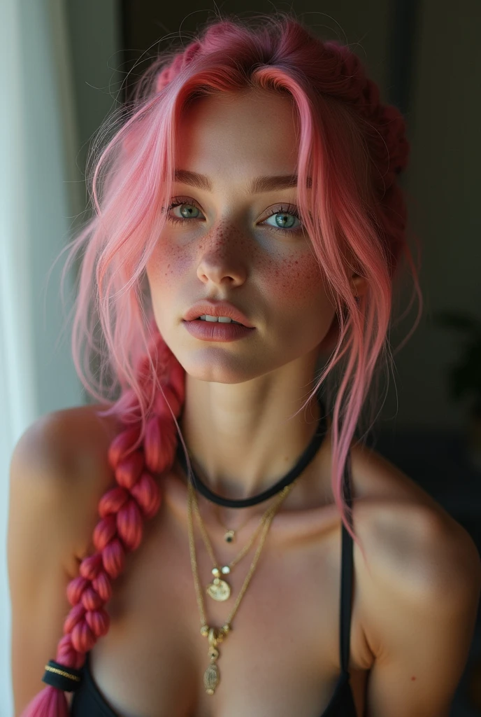 (Realisttic:1.2), analog photo style, Beautiful young woman, posing, with freckles and long pink hair braided, (modern ambient atmosphere), soft natural light, cute and sexy, great quality, Masterpiece, detailed strange background, better performance, 16k quality, RAW photo, sexy clothes,
