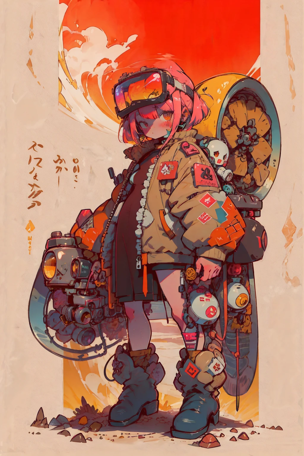   Full Body Portrait , (  super detailed ,   super high res ,   detailed background ),((2D)),((  flat color)),((achromatic  )),  One girl ,,   viewers,   loose red flight suit  ,   wear large sheepskin colored bomber jacket, ( big yellow boots  ),  Plush color  ,   Full Body Portrait ,  wear VR goggles , ((  Baron Desert Intracat background  )), ((Doomsday City)),   Expressing the whole body , ((  drone next to her  )), Pop Art Style, exoskeleton