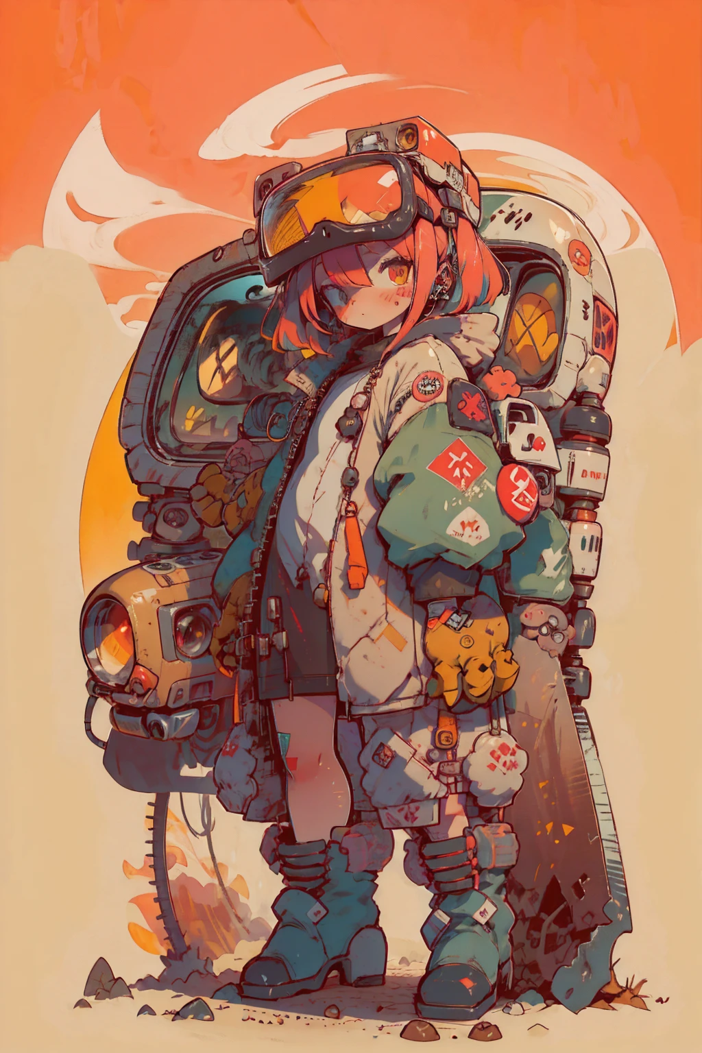   Full Body Portrait , (  super detailed ,   super high res ,   detailed background ),((2D)),((  flat color)),((achromatic  )),  One girl ,,   viewers,   loose red flight suit  ,   wear large sheepskin colored bomber jacket, ( big yellow boots  ),  Plush color  ,   Full Body Portrait ,  wear VR goggles , ((  Baron Desert Intracat background  )), ((Doomsday City)),   Expressing the whole body , ((  drone next to her  )), Pop Art Style, exoskeleton