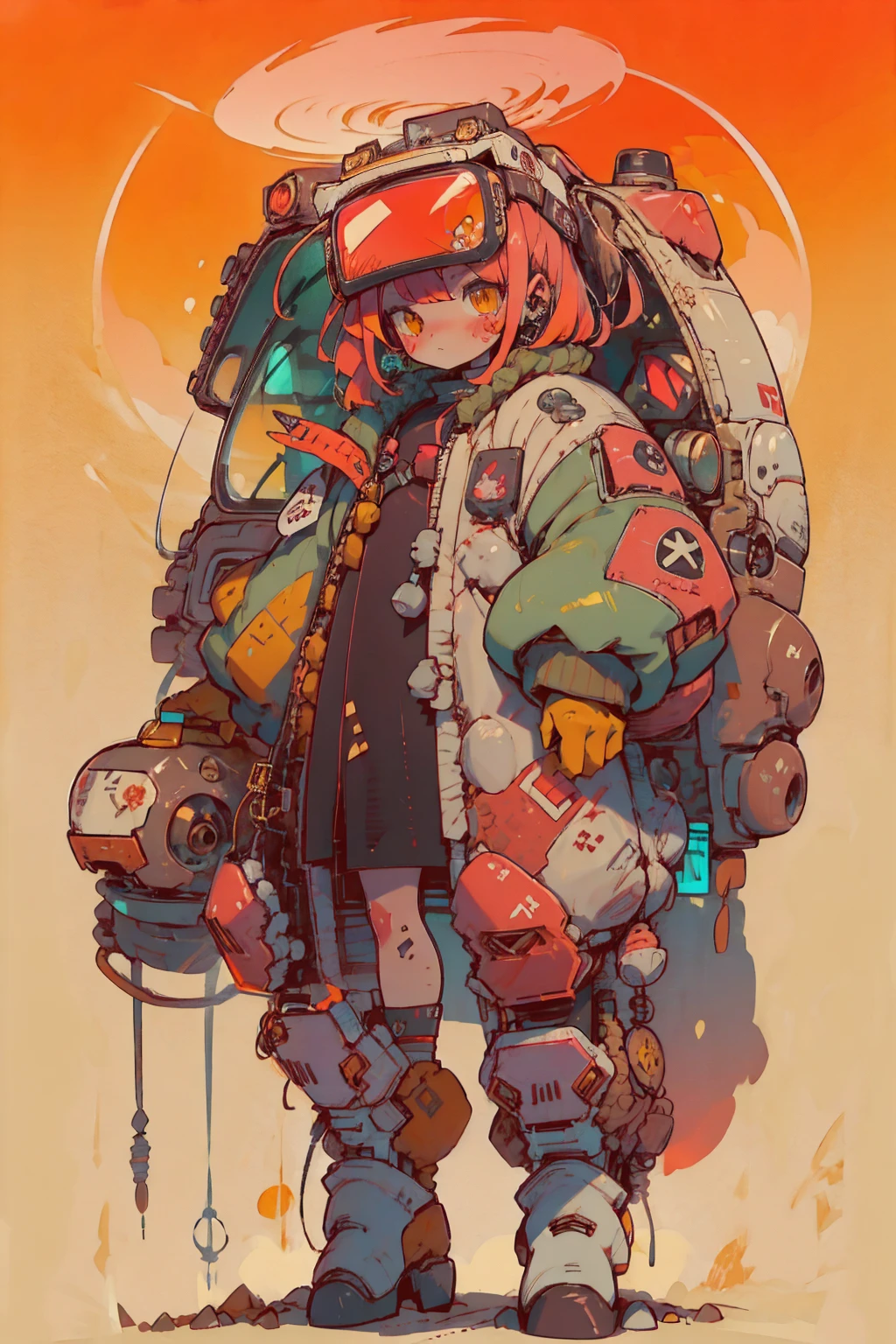   Full Body Portrait , (  super detailed ,   super high res ,   detailed background ),((2D)),((  flat color)),((achromatic  )),  One girl ,,   viewers,   loose red flight suit  ,   wear large sheepskin colored bomber jacket, ( big yellow boots  ),  Plush color  ,   Full Body Portrait ,  wear VR goggles , ((  Baron Desert Intracat background  )), ((Doomsday City)),   Expressing the whole body , ((  drone next to her  )), Pop Art Style, exoskeleton