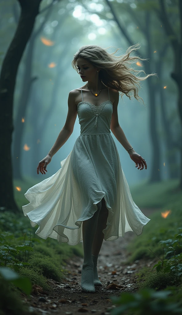 Masterpiece, a beautiful 18 years old girl, physical rendering photo of an 18 year old girl, curls, freckles, long dark blonde hair, wearing a long white transparent light dress, small breasts, light on body and face, slender body, thin face, dream, magical atmosphere, cinematic lighting, embers, mist, fantasy, action pose, running away in fear, running, lost, frightened face, afraid, lost, scared face, mouth almost closed, CRU photo, 8k uhd, film grain, (half body shot:1.1)