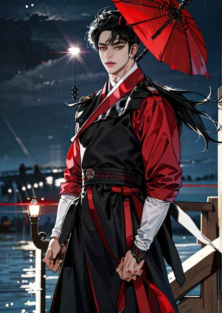 8k, complex, elegant, (masterpiece, side light, fine beautiful eyes: 1.2), HDR, (glowing red eyes)), handsome boy, black hair, muscles, raining, handsome, facing the camera, masterpiece, wear hanbok