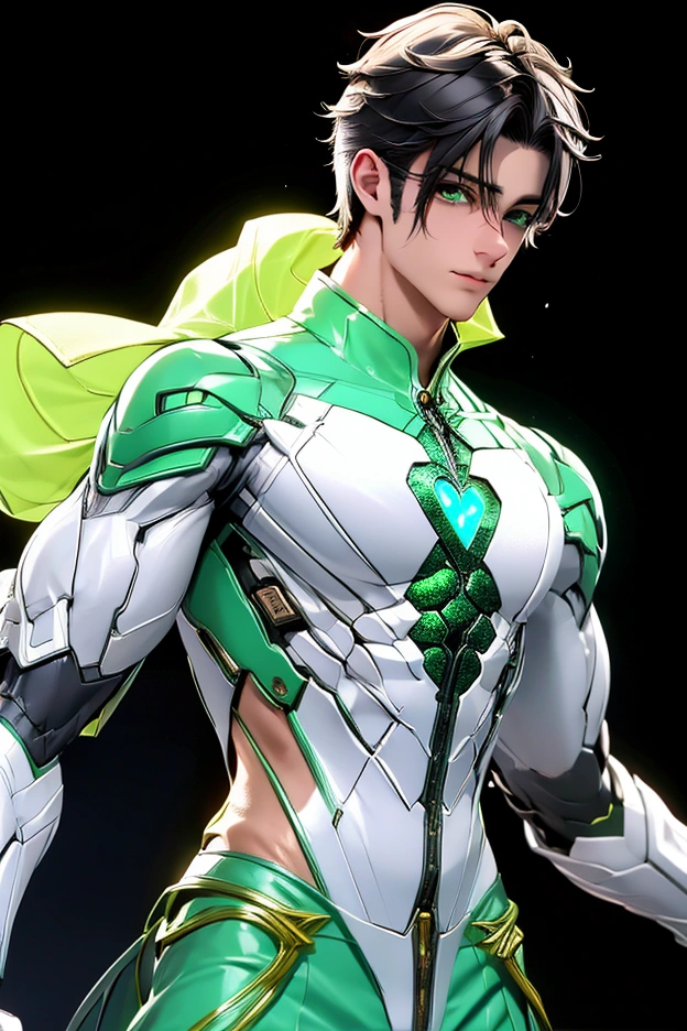 ((Highest quality)), ((masterpiece)), ((Realistic)) and ultra-detailed photography of a 1nerdy boy with goth and neon colors. male、かわいいmaleの子、Gay He has ((Emerald Shorthair)), wears a small tiny black thong , ((beautifully、aesthetic)), A muscular and healthy body、Abdominal muscles, sexy, Under the chest, hot、sexyボーイ、Femboy、中性的なmale性、cute areolae、Nipples、