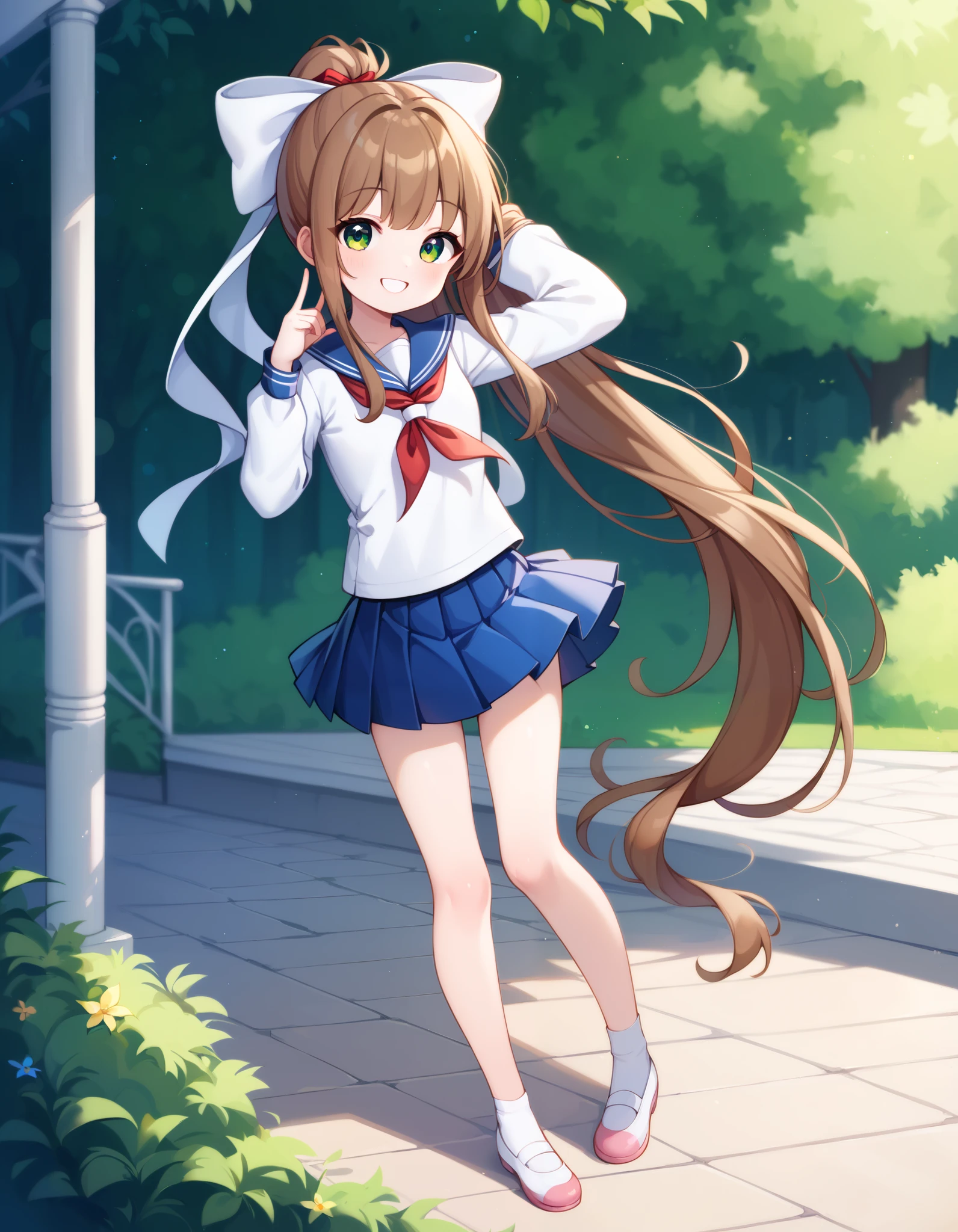 Hd, (girl:1.2) (slender body) (thin body), monika, green eyes, brown hair, very long hair, ponytail, hair ribbon, (white skin) happy and confident expression. full body, (ch1ldren playing), short girl, cute girl, (loli:1), (ch1ldren:1.2), long straight hair, thin legs, flat chest, flat breasts. (happy, smile, cheerful), wearing sailor uniform, long sleeves, white sailor uniform, blue sailor collar, blue pleated skirt, red neckerchief, cute girl, cute character, Standing, potrait, looking at viewer, smile, outdoor, school background