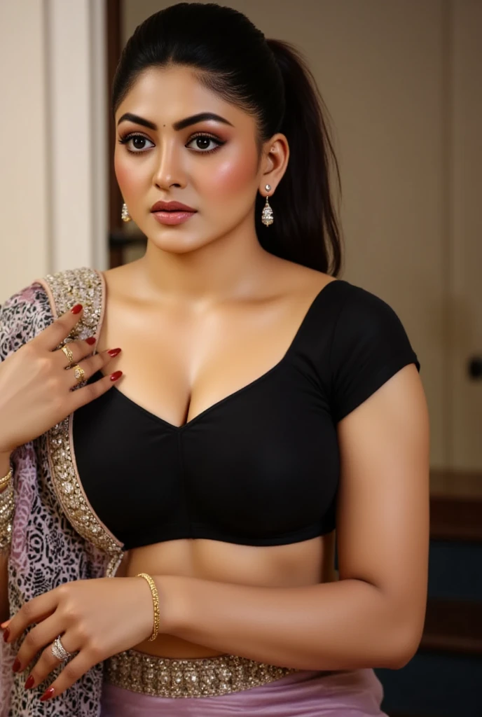 1woman
Location: village erotic nude
(madhuri dixit:0.5), (Rekha:0.5) , (ananya Pandey:0.5) (Ava addams:0.8), (Roberta Gemma:1), large expressive light brown eyes, young:2, chubby, voluptuous

Dress: Wearing (sleeveless designer blouse showing ample cleavage with see-through saree:1) 
Full length picture: coy look, doe-eyed, short, voluptuous+ milf erotic+++ aunty-  deep ample cleavage, beautiful hands, supermodel-erotic-sexy-makeup-celebrity-makeup-erotic-make-up-voluptuous-sexy aunty, feminine, large beautiful doe eyes, sexy+++ yet mature+++ face, erotic mature+ 40 year old Indian Bengali mother showing off (deep chubby fleshy navel partially covered by saree pallu), smiling++ (deep ample cleavage low neck saree (cup size: 38 DD) exposing the large areola of the other) with ( chubby fleshy navel)++

The photo avoids the pitfalls of bad art, such as ugly and deformed eyes and faces, poorly drawn, blurry, and disfigured bodies with extra limbs and close-ups that look weird. It also avoids other common issues such as watermarking, text errors, missing fingers or digits, cropping, poor quality, and JPEG artifacts. The photo is free of signature or watermark and avoids framing issues. The hands are not deformed, the eyes are not disfigured, and there are no extra bodies or limbs. The phouo is not blurry, out of focus, or poorly drawn, and the proportions are not bad or deformed. There are no mutations, missing limbs, or floating or disconnected limbs. The hands and neck are not malformed, and there are no extra heads or out-of-frame elements. The photo is not low-res or disgusting and is a well-taken, highly detailed, and beautiful rendering.