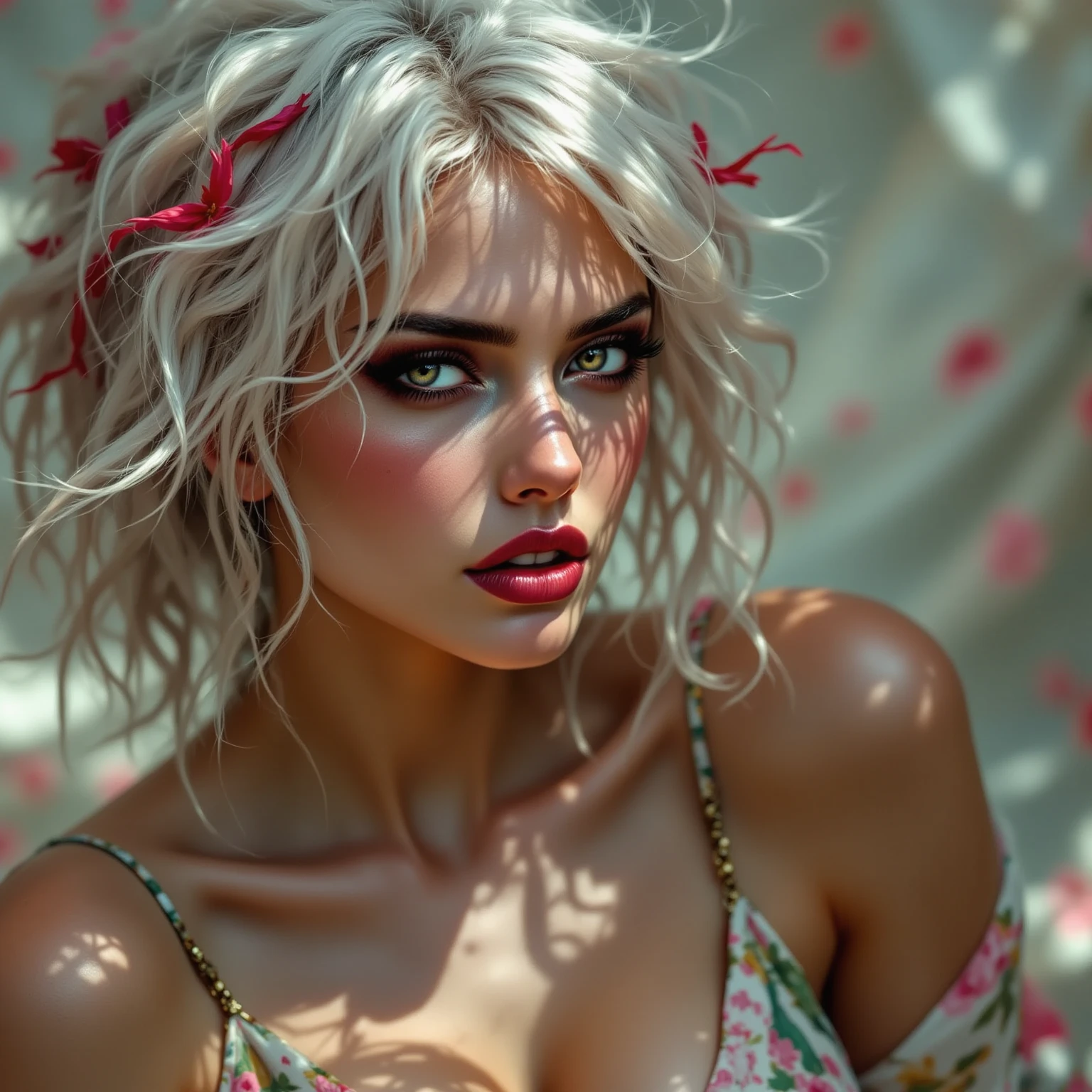 Beautiful woman focusing on eyes.  tanned, dark black eyes, white hair slightly disheveled With red hair highlights, realistic, 4K, very detailed photography, sharp image, full of character. A silk dress with thin straps in beautiful pink with green polka dots