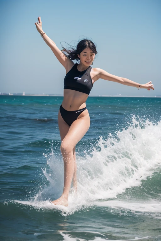 highest quality,masterpiece,32k,realistic,incredibly absurd,Depth of the bounds written、blur background、professional lighting,cinematic lighting,full body,thin,きれいなDay本人女性,25 year old girl,jumping,beach,Wind,Day,nice weather,long hair,black hair,bikini,smile,
