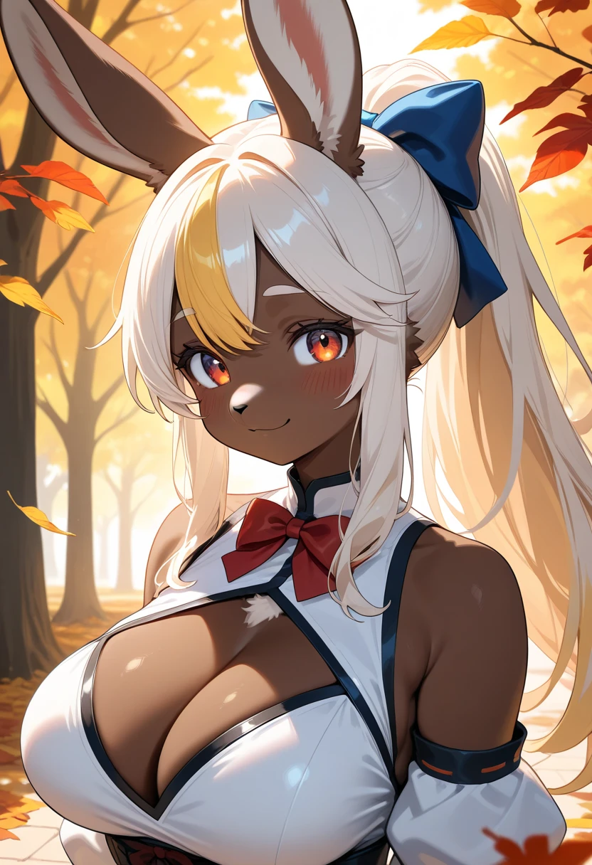 1girl, (furry, kemono:1.4), rabbit girl, animal nose, rabbit ears, breasts, long hair, multicolored hair, streaked hair, dark-skinned female, blonde hair, dark skin, cleavage, large breasts, white hair, sidelocks, bare shoulders, ponytail, blush, orange eyes, high ponytail, cleavage cutout, red eyes, hair bow, detached sleeves, bowtie, clothing cutout, looking at viewer, outdoors, leaf, autumn, bow, solo, tree, upper body, sunlight, smile, autumn leaves, closed mouth, blue bow, red bow, day, red bowtie