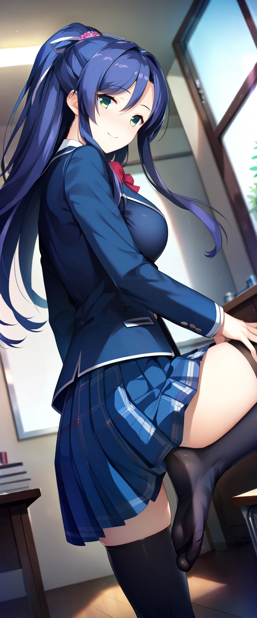 score_9,score_8_up,score_7_up,score_6_up source_anime, game cg, official art, solo, indoors, class room, ceiling, neolight,
mature, perspective, dutch angle, standing, leg up, foot focus, light smile, nose blush, low-angle -view, from side, facing at viewer,
Shijou Rika, blue hair, long hair, high ponytail, floating hair, hair ribbon, white ribbon, sidelocks, hair between eyes, parted bangs, green eyes, school uniform, blazer, blue jacket, taut jacket, wing collar, red bowtie, black vest, collared shirt, white shirt, medium breasts, skindentation, long sleeves, blue skirt, plaid skirt, pleated skirt, zettai ryouiki, black thighhighs,