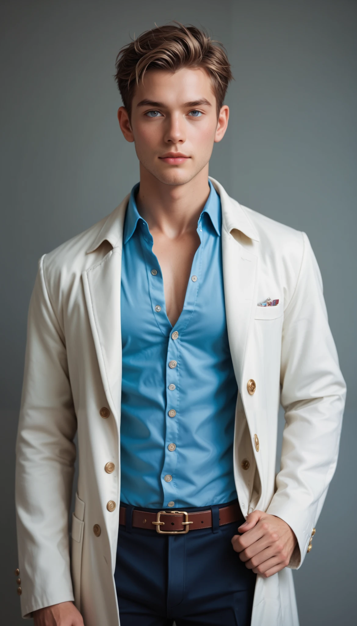 Portrait of Golden Boy, (wearing a light blue suit; open-sky-blue-suit-jacket-over-a-fitted-white-tank-top:1.4), ((wearing an-open-light-blue-suit-jacket-over-a-fitted-white-tank-top:1.4)), (he is leaning against apartment doorframe:1.4), (nighttime:1.4), (handsome man, attractive man, handsome male, ((full body portrait:1.4)), inspired by Pablo Munoz Gomez, editorial photograph, full body portrait of a Golden Boy, by Roman Bezpalkiv, by Artur Tarnowski, maxim sukharev, by Gabor Szikszai,Highly Detailed, highly detailed, blue eyes, short brown hair, thin toned body, medium build body, ((masterpiece)), ((best quality:1.2)), High Resolution, 8k, (ultra_realistic:1.3), (photorealistic:1.4), sharp focus, 1boy, (perfect face), wide angle