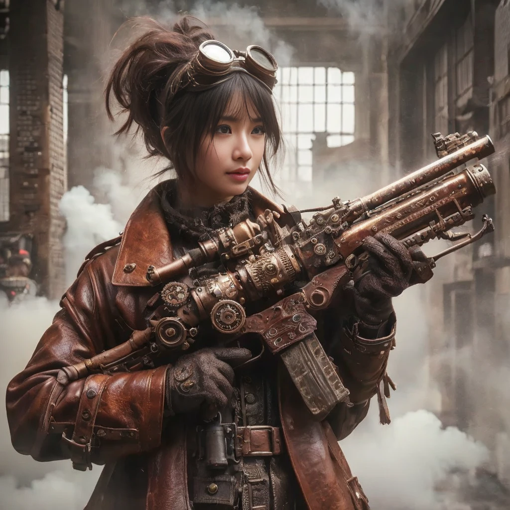 ８ｋ,Realistic Skin Texture、Superrealism、Realistic Photo、Japanese women、steampunk、Leather coat、Standing with a heavily modified oversized rifle、Light cloudiness、Dirty city、Steam rising from buildings here and there、Goggles above your head、Stand facing forward in front of a wall with intricate patterns and gears、