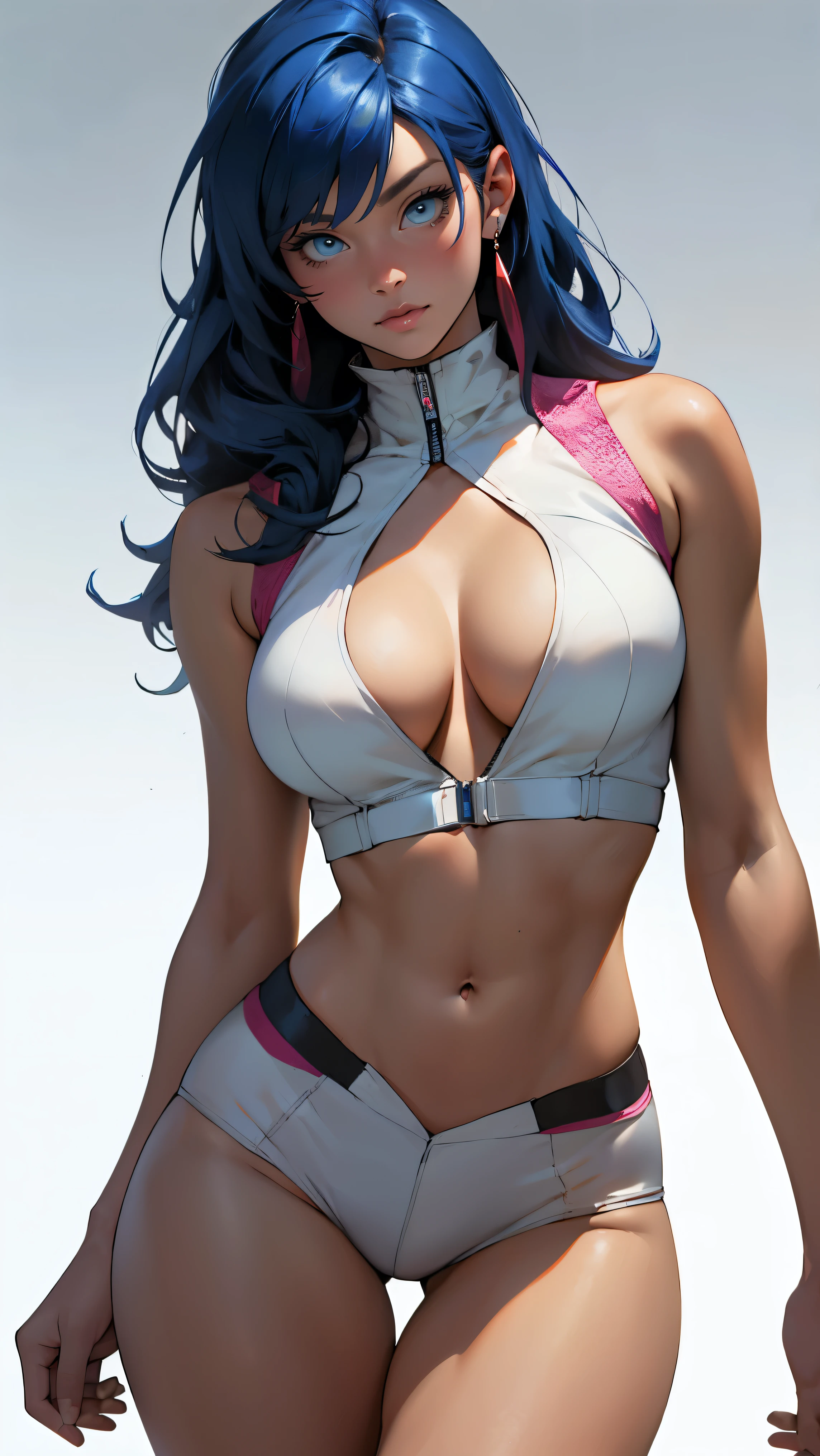 ((Masterpiece, highest quality; 1.3)), super quality, beautiful detail, super detailed, extra fine, 16K, exquisite, absurd, high resolution, beautiful background, detailed background, beautiful eyes, beautiful skin, anime style, dirtypairyuri, Dirty Pair Yuri in a skimpy white outfit, long blue hair, blue eyes, earrings, white uniform, white crop top, cutout, sleeveless, wearing tight clothing, skimpy, (breasts: 1.2), cleavage, cleavage, , obliques, fit arms, slim waist, ((wide hips)), fit thighs, (thigh gap), showing stomach, (skinny frame), wide hips, cyberpunk city background, holding a retro space gun