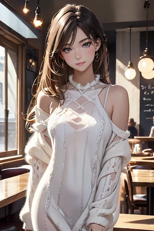  top quality , 32K,  RAW photos ,  unbelievably high resolution ,  very detailed, A neat and cute beauty, wearing loose and fluffy knit dress, slender,   PROFESSIONAL LIGHTING IN A TRENDY PARISIAN CAFE  