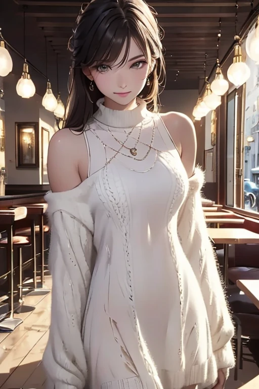  top quality , 32K,  RAW photos ,  unbelievably high resolution ,  very detailed, A neat and cute beauty, wearing loose and fluffy knit dress, slender,   PROFESSIONAL LIGHTING IN A TRENDY PARISIAN CAFE  