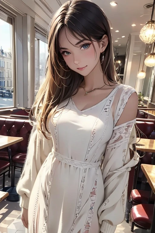  top quality , 32K,  RAW photos ,  unbelievably high resolution ,  very detailed, A neat and cute beauty, wearing loose and fluffy knit dress, slender,   PROFESSIONAL LIGHTING IN A TRENDY PARISIAN CAFE  