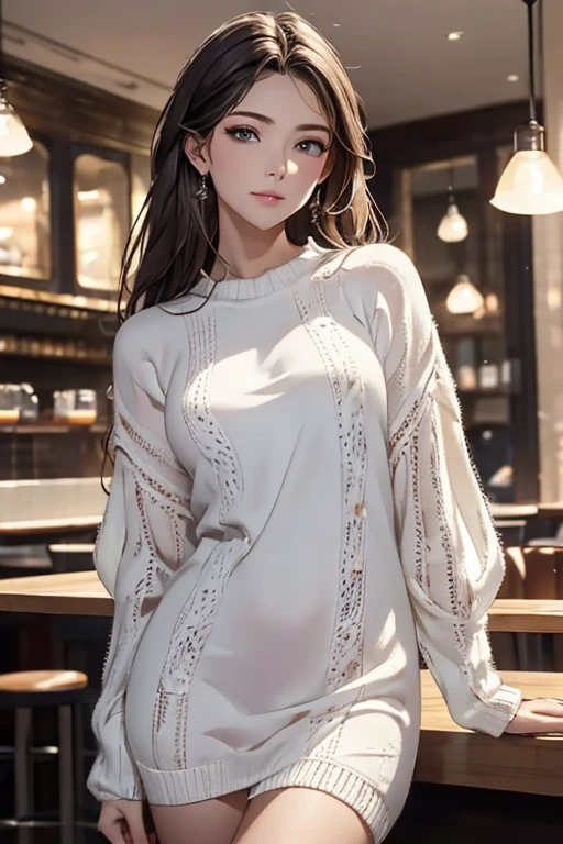  top quality , 32K,  RAW photos ,  unbelievably high resolution ,  very detailed, A neat and cute beauty, wearing loose and fluffy knit dress, slender,   PROFESSIONAL LIGHTING IN A TRENDY PARISIAN CAFE  