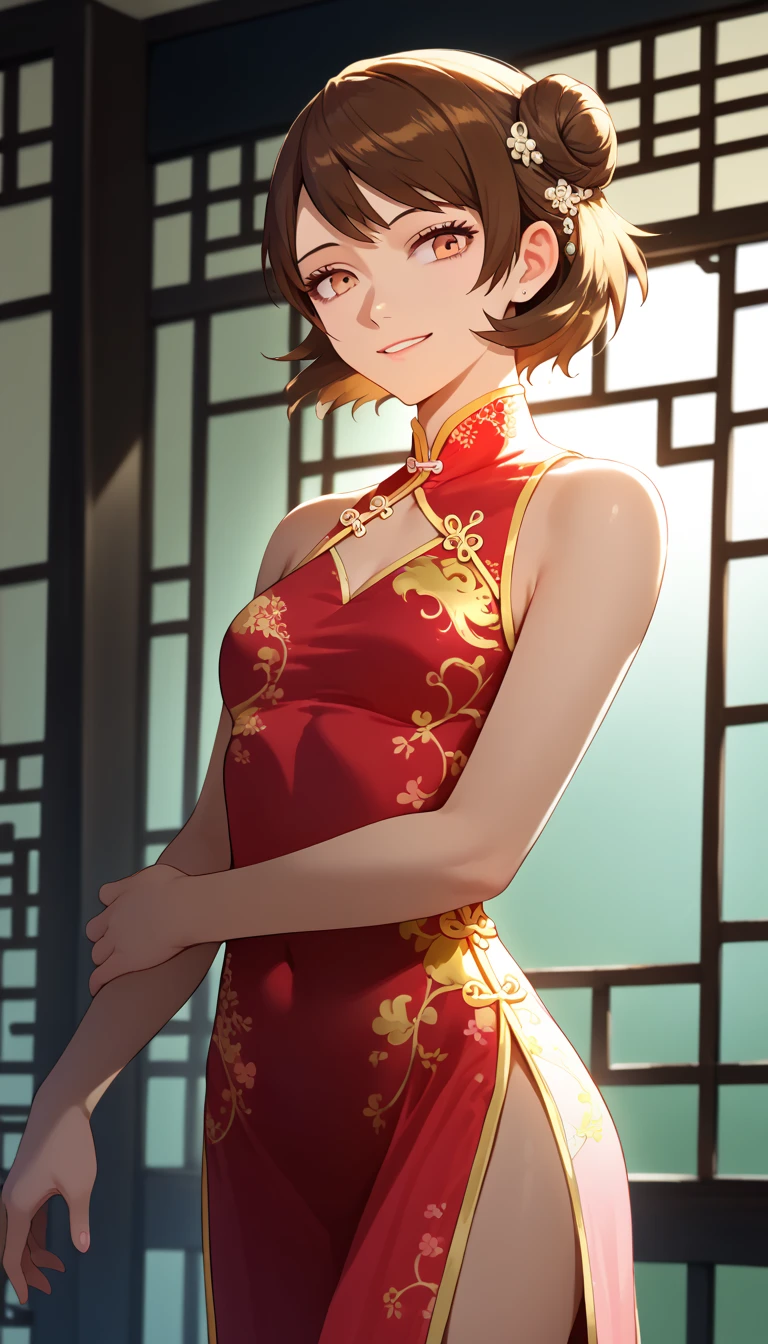  [PonyV6 XL] Yukari Takeba | Persona 3  beautiful anime girl, detailed portrait, masterpiece, ultra-detailed, 8k, 16k, high resolution, photorealistic, vivid colors, warm lighting, soft smile, elegant (((((chinese dress,))))) short bob hairstyle