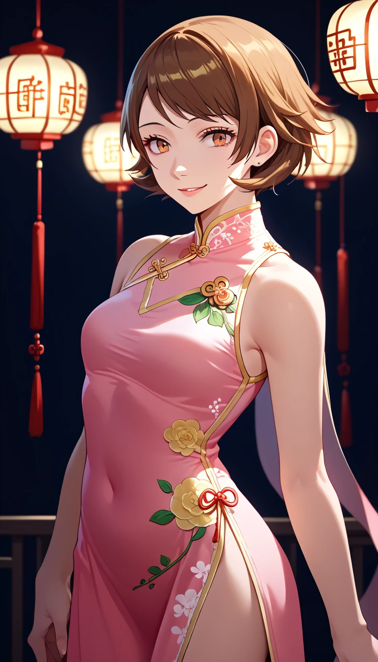  [PonyV6 XL] Yukari Takeba | Persona 3  beautiful anime girl, detailed portrait, masterpiece, ultra-detailed, 8k, 16k, high resolution, photorealistic, vivid colors, warm lighting, soft smile, elegant (((((chinese dress,))))) short bob hairstyle