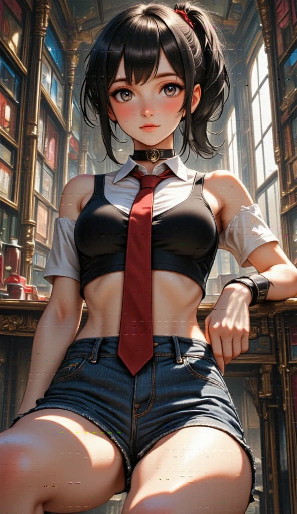 1girl, black hair, side ponytail, black eyes, medium breasts, , fists on waist,black bra,red tie,Micro Short Jeans Mini,, from below, general, masterpiece, best quality, very aesthetic, perfect lighting,