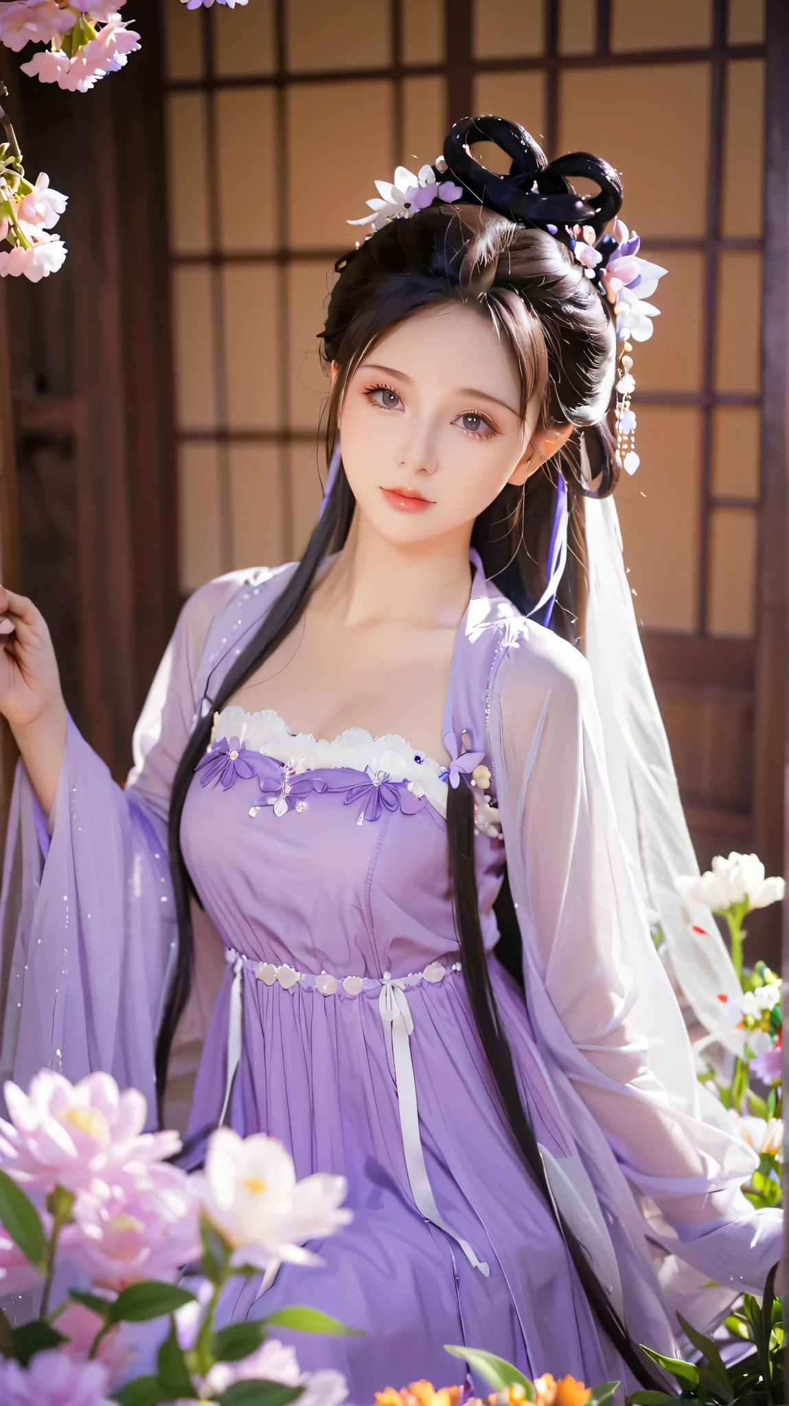  in a purple dress 、头发上有花朵的Anime Girl, very 美丽的Anime Girl, 美丽的Anime Girl,  beautiful fantasy anime , Gu Weiss, Anime Girl, 美丽的Anime Girl,  very pretty cute girl ,  purple flowers,  background blur, Anime style 4K, Anime fantasy work , 4k anime wallpaper,  Guvez style artwork 