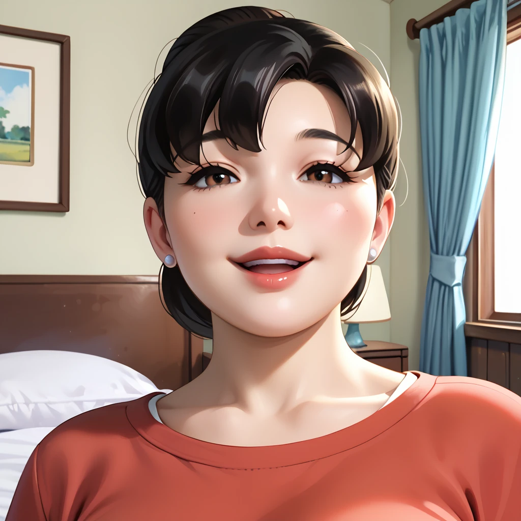 masterpiece, (realistic:1.15), (best quality:1.1), (absurd res:1.15), (highly detailed, extreme detail, (intricate details:1.25)), 8k, clean, soft light, 
(Bed room), 
(Japanese mature Woman:1.3), short_hair, black_hair, hair_bun, single_hair_bun, brown_eyes, black_eyes, ponytail, short_ponytail, red lips, black hair, Very fat, huge breasts, 
solo, standing, contrapposto, open mouth, smile, looking at viewer