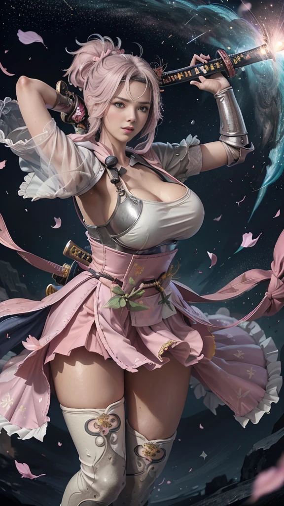  young woman, warrior,((wielding a katana_weapon:1.8)), very detailedな, realisti,((seductive smile:1.3)),Combat Stance,Acrobat Angle, Creative Action,  extremely detailed, Imaginative,  sensual, spontaneous ,  top quality ,  skin texture, ((absurdly long hair,twintails)),((Pastel pink:1.6)), (led eyes), toned body ,(huge breasts:1.8), plump thighs, ( white pink armor with a cosmos flower pattern engraved ),(( leather samurai armor knight)), bikini type design that emphasizes chest exposure ,sideboob,  Wear a white pink cape with a cosmos flower pattern , ((ruffled skirt:1.3)), White shin guard with a cosmos flower pattern engraved on it , Black high-leg underwear ,  Black Tights ,  absolute domain,  intricate details  , (( blue sky)),((Meteor shower:1.3)),(()), ((Cosmos flower petals background:1.3)), ((Cosmos flower petals:1.3)), ((Cosmos flower petals dancing in the wind:1.3)),( Cosmos flowers in full bloom ),(前面に Cosmos flowers in full bloom ), (confetti),  RAW photos , 8k, masterpiece,  top quality , ultra detail, very detailed,  intricate details  , high res,超 intricate details , very detailed 8k cg wallpaper,