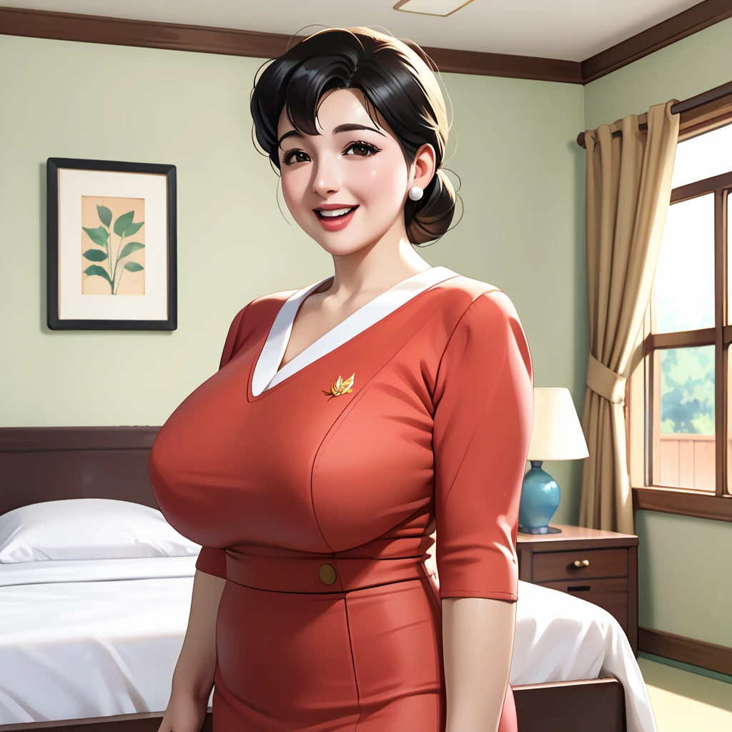 masterpiece, (realistic:1.15), (best quality:1.1), (absurd res:1.15), (highly detailed, extreme detail, (intricate details:1.25)), 8k, clean, soft light, 
(Bed room), 
(Japanese mature Woman:1.3), short_hair, black_hair, hair_bun, single_hair_bun, brown_eyes, black_eyes, ponytail, short_ponytail, red lips, black hair, huge breasts, 
solo, standing, contrapposto, open mouth, smile, looking at viewer