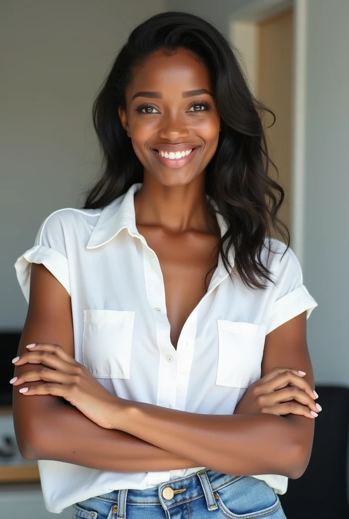 Asha, 1girl, solo, (((Ebony))), (((Dark skin))), (((SFW))), 30 years old, (mature), fully naked, capturing a selfie, taking a selfie shot, smiling, ((wearing a blue blouse))