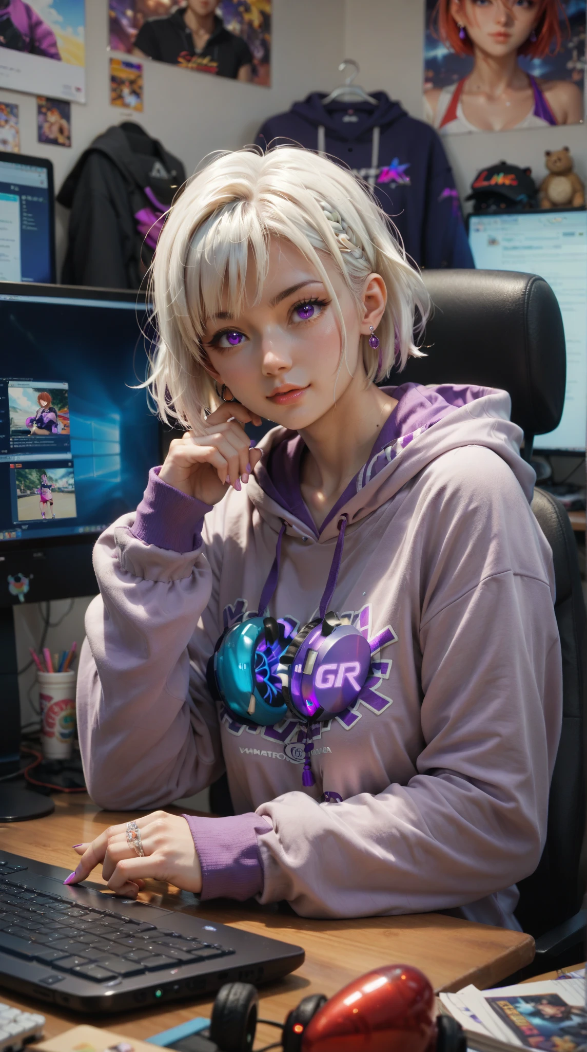  Anime Girl, white short hair,   Purple Eyes,  hoodie, personal computer, Live master , Virtual Host, Street Style 