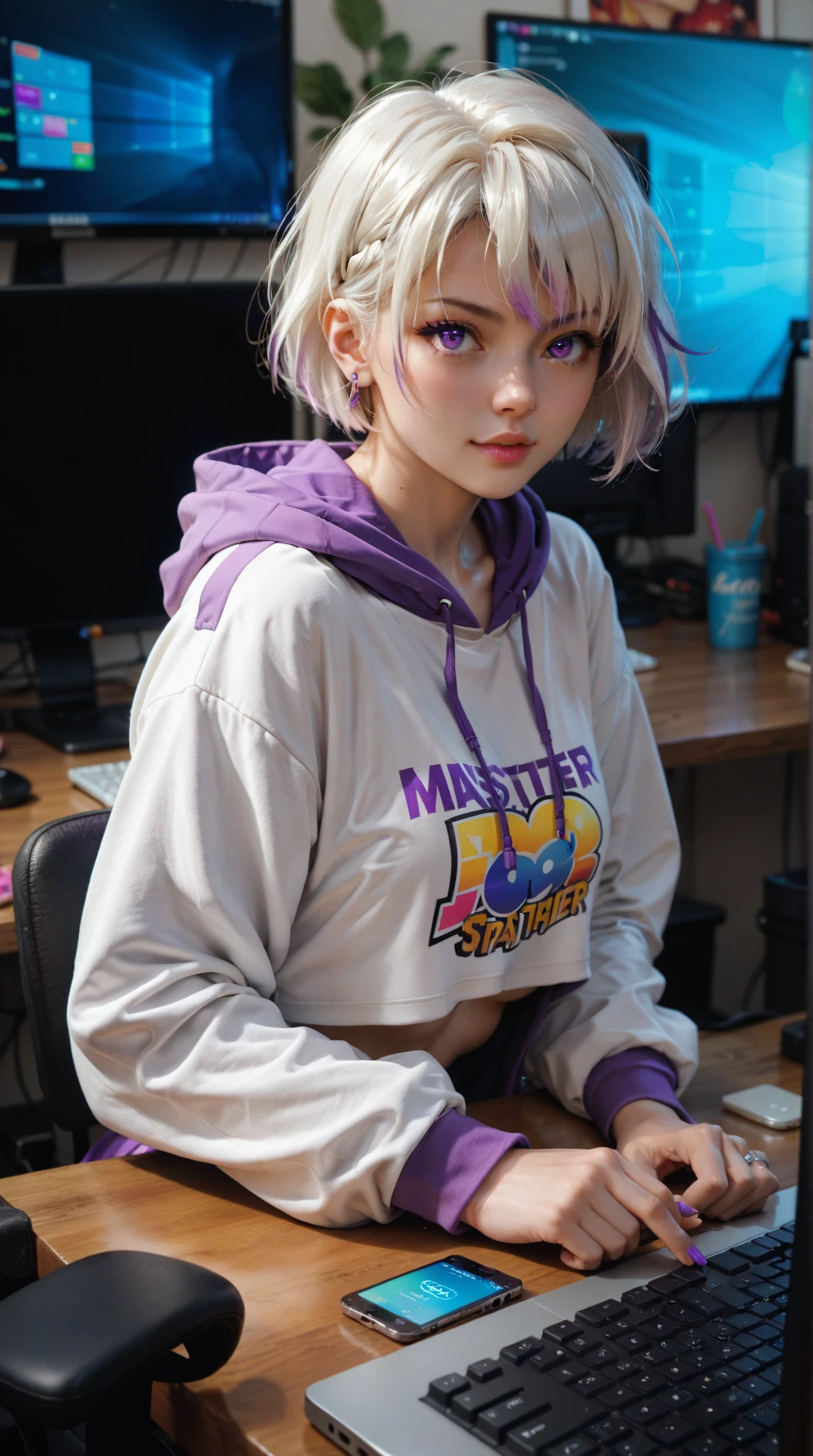  Anime Girl, white short hair,   Purple Eyes,  hoodie, personal computer, Live master , Virtual Host, Street Style 