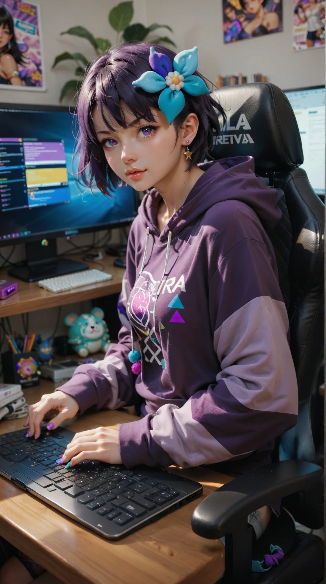  Anime Girl, white short hair,   Purple Eyes,  hoodie, personal computer, Live master , Virtual Host, Street Style 