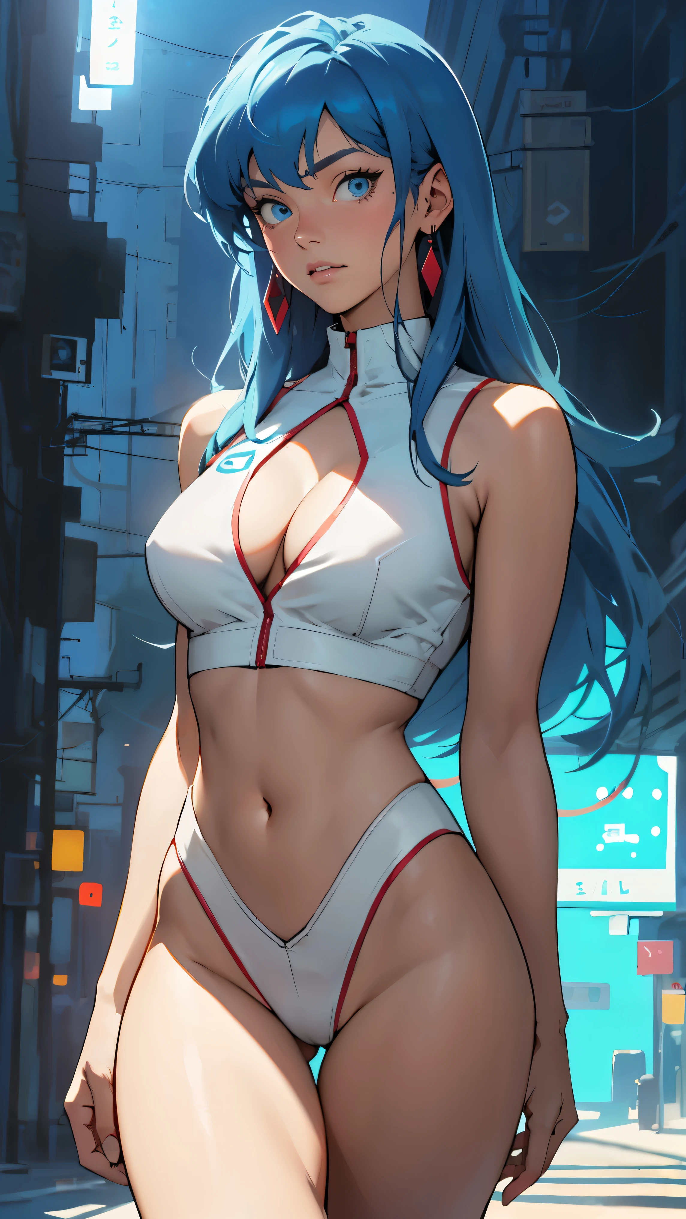 ((Masterpiece, highest quality; 1.3)), super quality, beautiful detail, super detailed, extra fine, 16K, exquisite, absurd, high resolution, beautiful background, detailed background, beautiful eyes, beautiful skin, anime style, dirtypairyuri, Dirty Pair Yuri in a skimpy white outfit, long blue hair, blue eyes, earrings, white uniform, white crop top, cutout, sleeveless, wearing tight clothing, skimpy, (breasts: 1.2), cleavage, cleavage, , obliques, fit arms, slim waist, ((wide hips)), fit thighs, (thigh gap), showing stomach, (skinny frame), wide hips, cyberpunk city background, holding a retro space gun