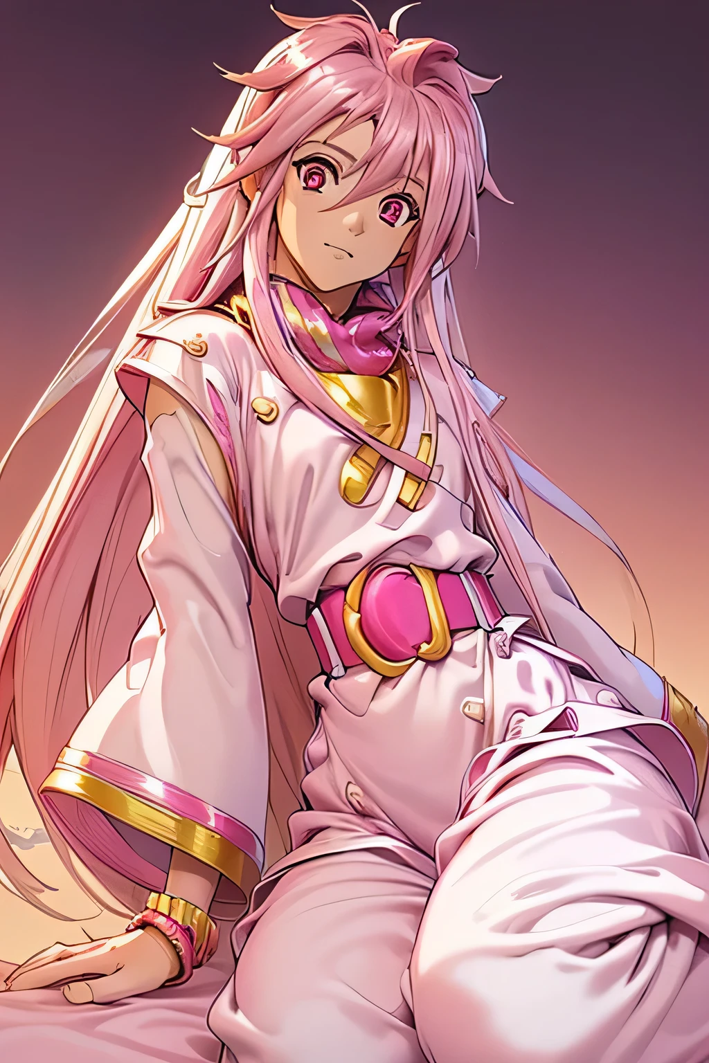  top quality , Highest Resolution ,(((metallic white clothes 　pink loose-fitting pants with metallic luster　shiny pink hair　 red eyes)))　 Tales of Phantasia　Arche 