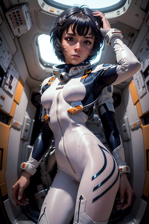 (Muscular:1.8), (thick thighs:1.2), (large round breasts:1), FEMALE, brown hair, long brown hair, (big smile:1.2), (wearing tight white Space suit:1.5), looking at viewer, (three quarter view:1.3), upper body view, (lab:1.5), (dark lighting:2), detailed skin, detailed eyes, (clean skin:1.5), (very thin waist:1.6), (huge body muscles:1.7), (one protagonist:1.5), (arms crossed:1.6),