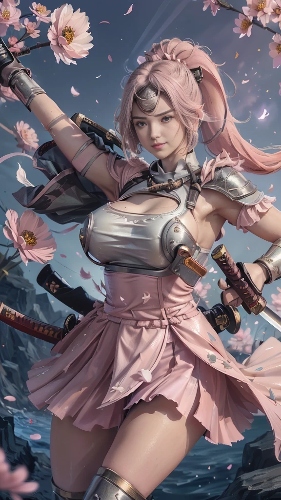  young woman, warrior,((wielding a katana_weapon:1.8)), very detailedな, realisti,((seductive smile:1.3)),Combat Stance,Acrobat Angle, Creative Action,  extremely detailed, Imaginative,  sensual, spontaneous ,  top quality ,  skin texture, ((absurdly long hair,twintails)),((Pastel pink:1.6)), (led eyes), toned body ,(huge breasts:1.8), plump thighs, ( white pink armor with a cosmos flower pattern engraved ),(( leather samurai armor knight)), bikini type design that emphasizes chest exposure ,sideboob,  Wear a white pink cape with a cosmos flower pattern , ((ruffled skirt:1.3)), White shin guard with a cosmos flower pattern engraved on it , Black high-leg underwear ,  Black Tights ,  absolute domain,  intricate details  , (( blue sky)),((Meteor shower:1.3)),(()), ((Cosmos flower petals background:1.3)), ((Cosmos flower petals:1.3)), ((Cosmos flower petals dancing in the wind:1.3)),( Cosmos flowers in full bloom ),(前面に Cosmos flowers in full bloom ), (confetti),  RAW photos , 8k, masterpiece,  top quality , ultra detail, very detailed,  intricate details  , high res,超 intricate details , very detailed 8k cg wallpaper,