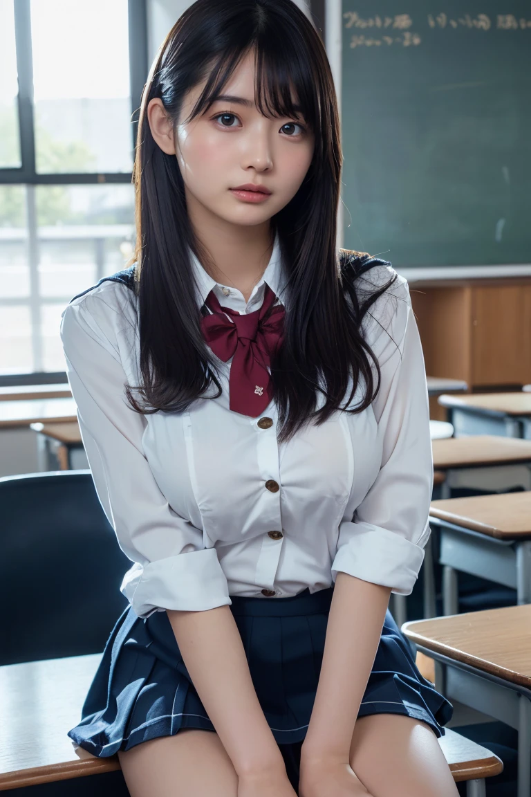 barefoot、sit barefoot on a chair、ponytail、In the classroom、Brown Color Hair、Tying up hair、Multicolored Hair、short hair、((Pleated skirt、White shirt、tie))、(Sexual Ecstasy)、Highest quality, Realistic, Super delicate illustration, Beautiful and attractive girl, Slender body, Tied Hair, One Girl, Girl Photos, Full Body Shot, Beautiful Eyes, ((M-shaped feet、Showing panties))(pubic)、(((Please spread your legs wide)))、Big Breasts(((Baby Faced Girl))JK、とてもRealistic、Her breasts are so big they're about to pop out of her shirt、A cute child-like face、Cleavage、((short hairー))
