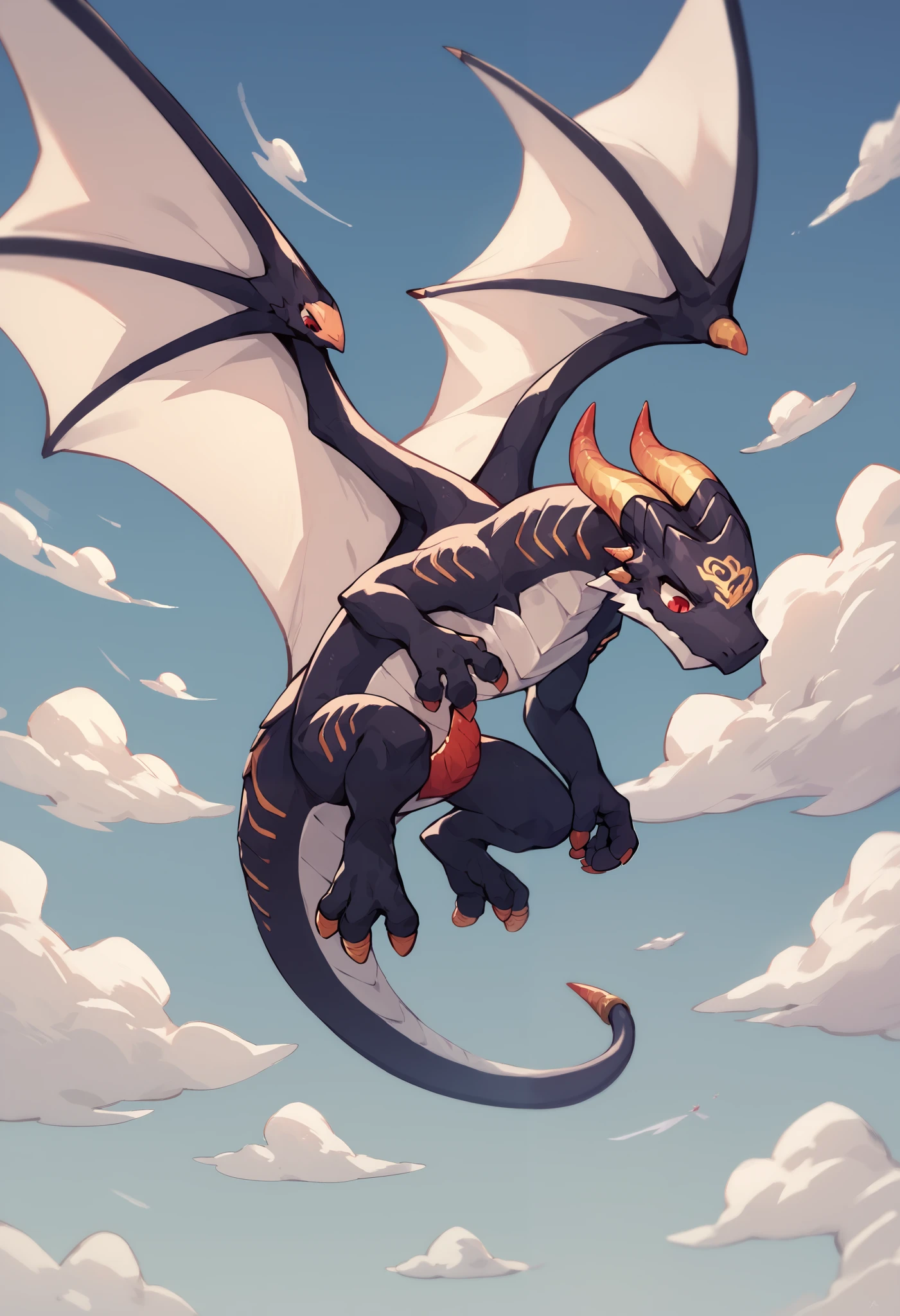 score_9, score_8_up, score_7_up, score_6_up,dragon,(anthro:1.1), tail, wings, [[nude]], [[4 fingers]], claws,flying,dragon wings,sky,cloud,red eyes,evil smiles,looking down,hand on chest,slit penis,smug face