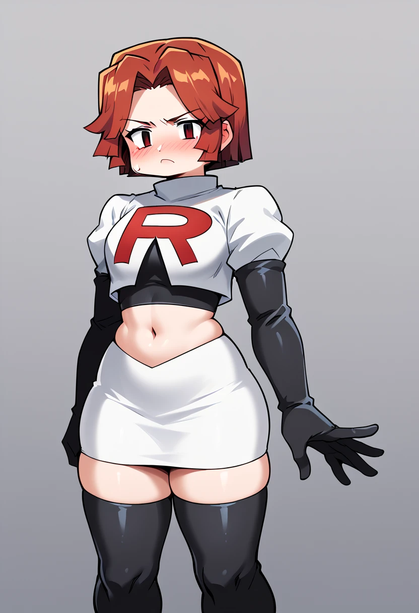 score_9, score_8_up, score_7_up, score_6_up, score_5_up, score_4_up, source_anime, BREAK 1girl, solo, plump, looking at viewer, team rocket,team rocket uniform,white skirt,red letter R,crop top,black thigh-highs,black elbow gloves, blush   