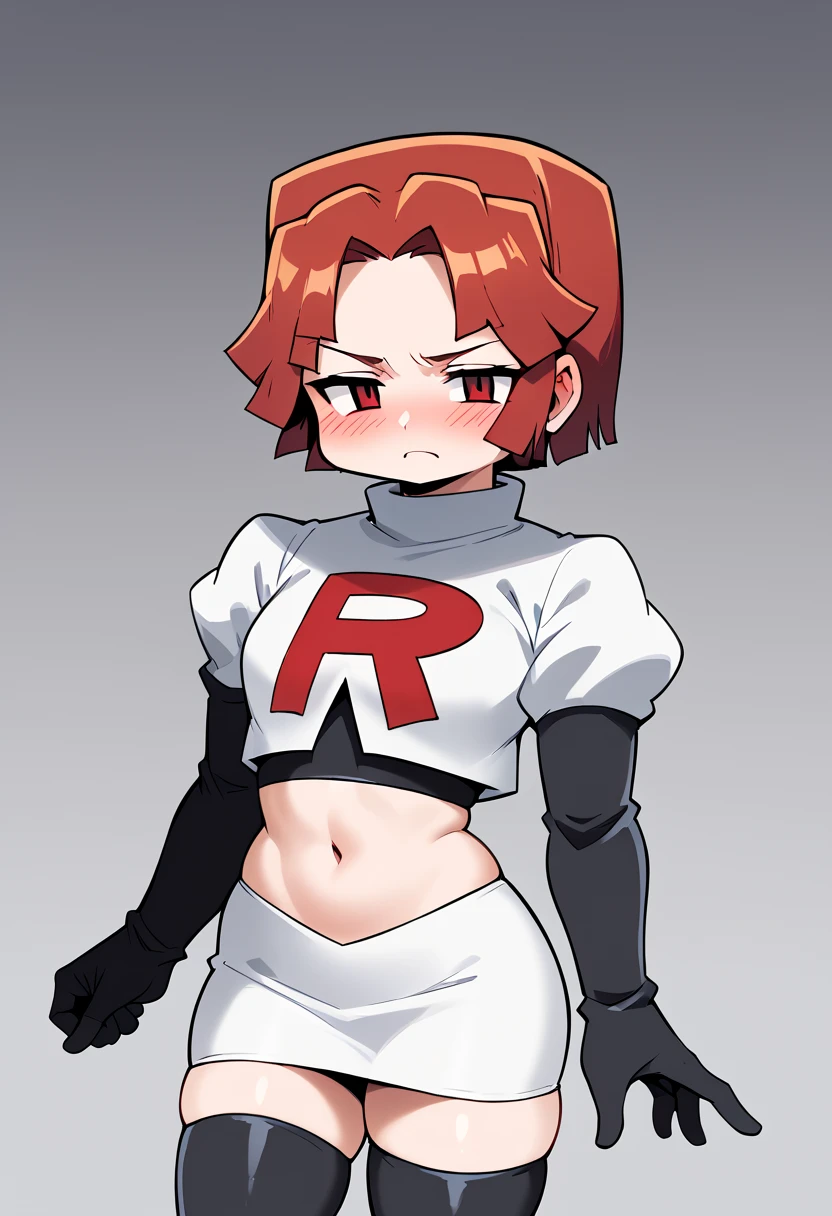 score_9, score_8_up, score_7_up, score_6_up, score_5_up, score_4_up, source_anime, BREAK 1girl, solo, plump, looking at viewer, team rocket,team rocket uniform,white skirt,red letter R,crop top,black thigh-highs,black elbow gloves, blush   