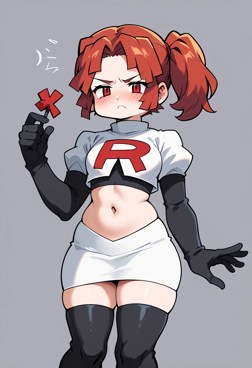 score_9, score_8_up, score_7_up, score_6_up, score_5_up, score_4_up, source_anime, BREAK 1girl, solo, plump, looking at viewer, team rocket,team rocket uniform,white skirt,red letter R,crop top,black thigh-highs,black elbow gloves, blush   