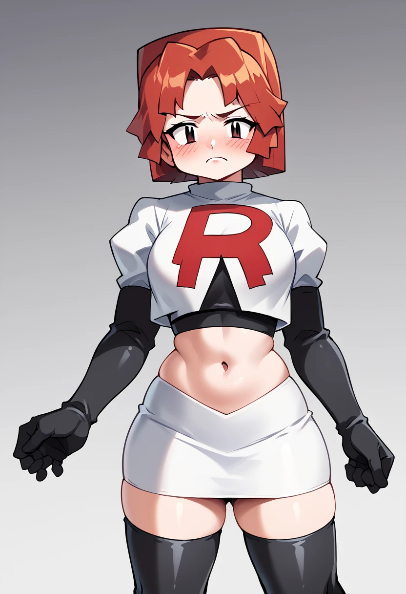 score_9, score_8_up, score_7_up, score_6_up, score_5_up, score_4_up, source_anime, BREAK 1girl, solo, plump, looking at viewer, team rocket,team rocket uniform,white skirt,red letter R,crop top,black thigh-highs,black elbow gloves, blush   