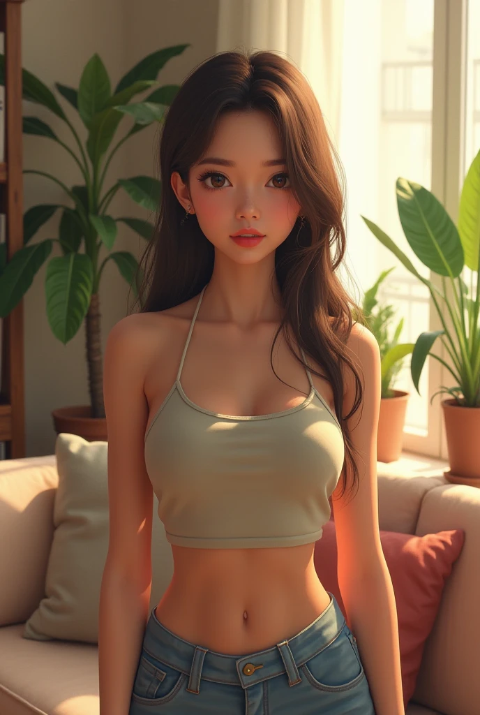 (lifelike, high - resolution:1.3), 1 indonesian girl with a chubby body, Super fine face and eyes,slong hair, Tank top of random colors:1.2, short jeans, big boob,Expose cleavage, in the cafe,