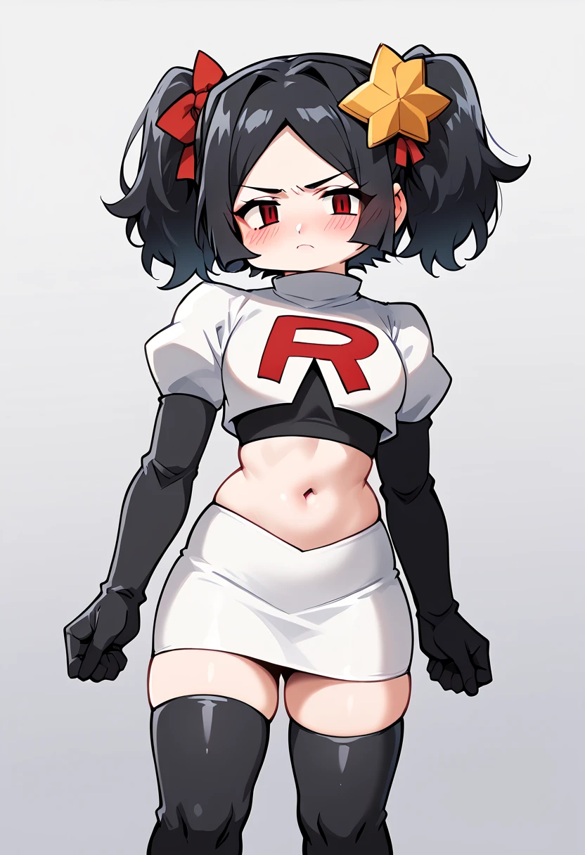 score_9, score_8_up, score_7_up, score_6_up, score_5_up, score_4_up, source_anime, BREAK 1girl, solo, plump, looking at viewer, team rocket,team rocket uniform,white skirt,red letter R,crop top,black thigh-highs,black elbow gloves, blush   