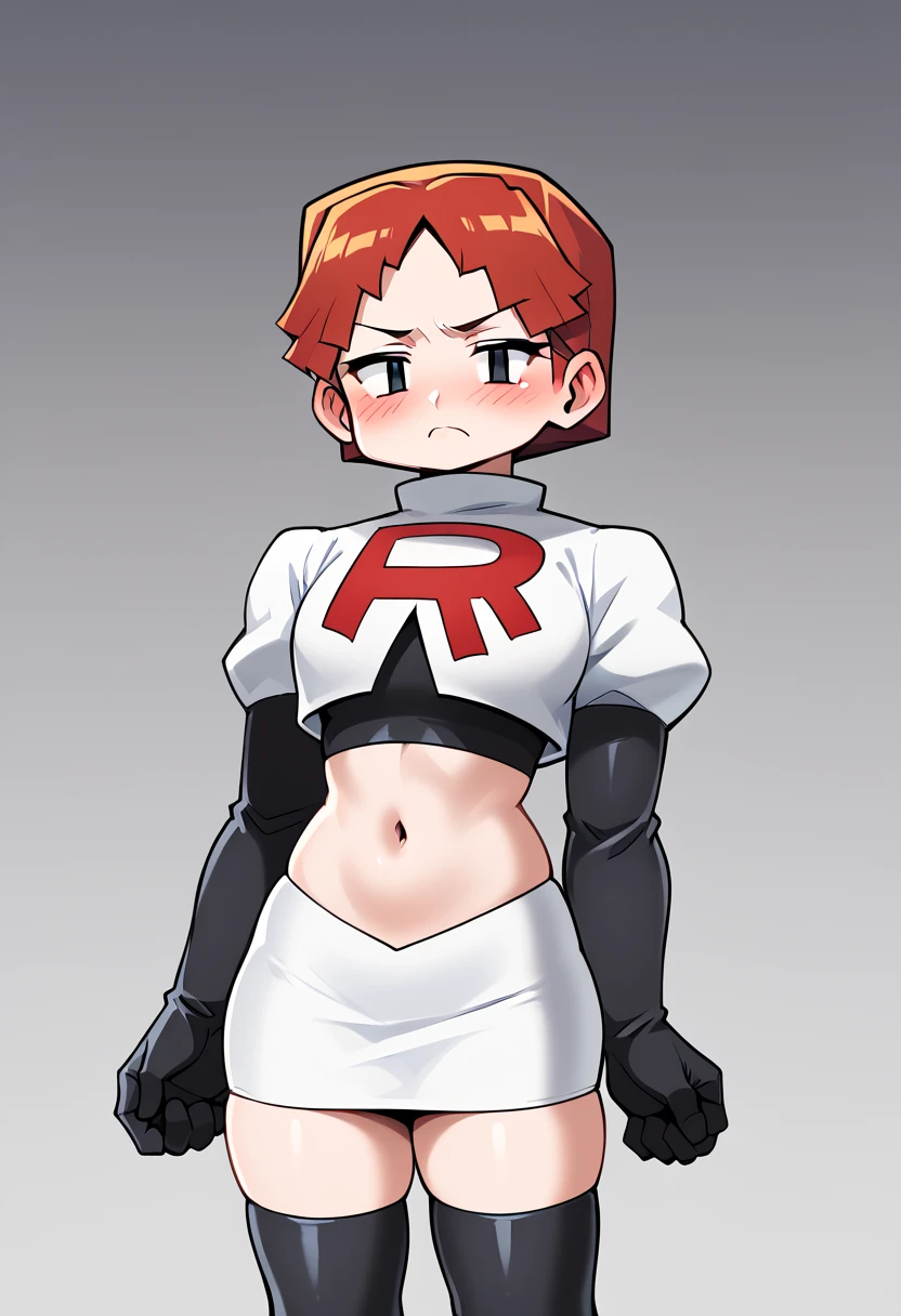 score_9, score_8_up, score_7_up, score_6_up, score_5_up, score_4_up, source_anime, BREAK 1girl, solo, plump, looking at viewer, team rocket,team rocket uniform,white skirt,red letter R,crop top,black thigh-highs,black elbow gloves, blush   