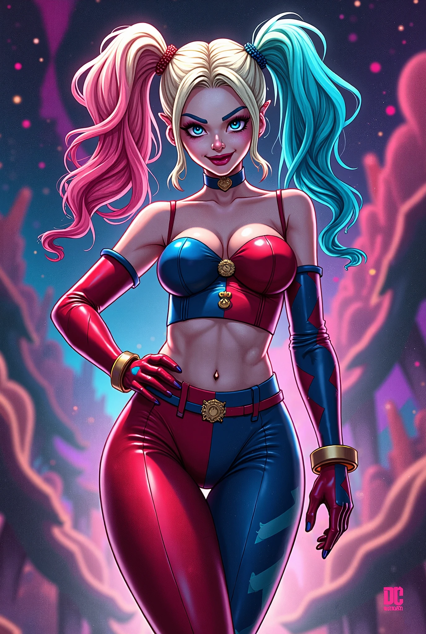 Erotic Harley Quinn wearing only red and blue panties, very sexy, thick thighs, big breasts, tight clothing, transparent clothing, cleavage